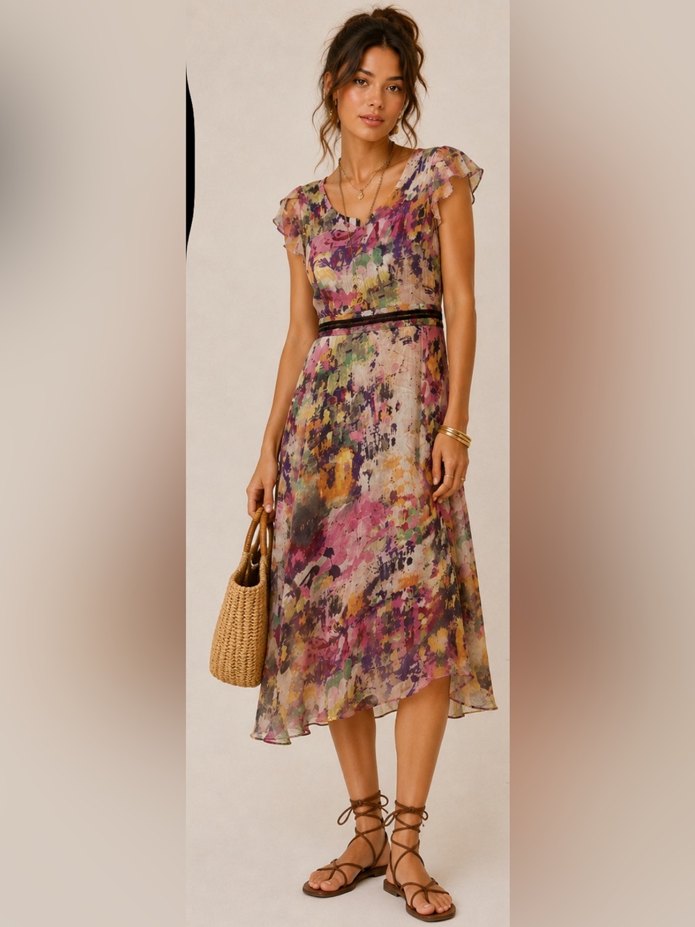 Gyalwana Women’s Abstract Multicolor‎ Flutter Sleeve Romantic Boho Midi Dress